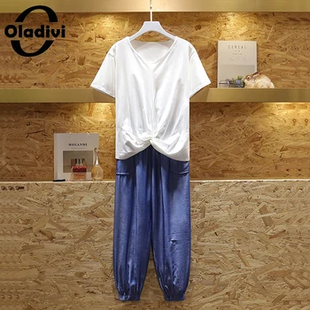 

Oladivi Big Plus Size 2 Piece Set White Top Blue Pants Fashion Ladies Tee Shirts Capris Suits Summer Tracksuits Top Trousers 4XL