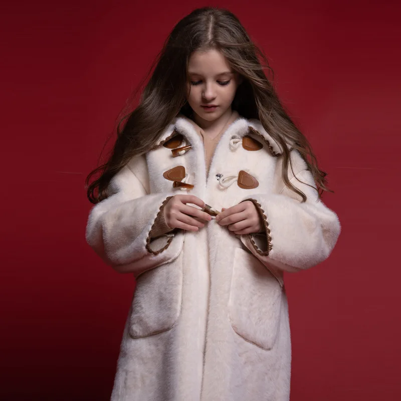 

Big Girl Coat New Year Horn Button Jacket for Girls Teenagers Plus Velvet Soft Warm Thick Coat Children Clothes