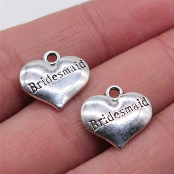 

Wholesale Jewelry Lots Antique Silver Color 14x15mm Double-sided Bridemaid Heart Charm Pendant Jewelry Handmade 100 Pieces