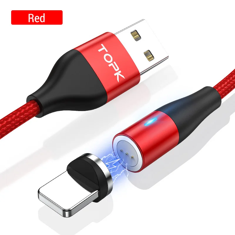 Магнитный usb-кабель TOPK 1 м 3 А, кабель для быстрой зарядки и передачи данных для iPhone Xs Max, Магнитный зарядный кабель Micro USB type-C для samsung S10 - Цвет: Red