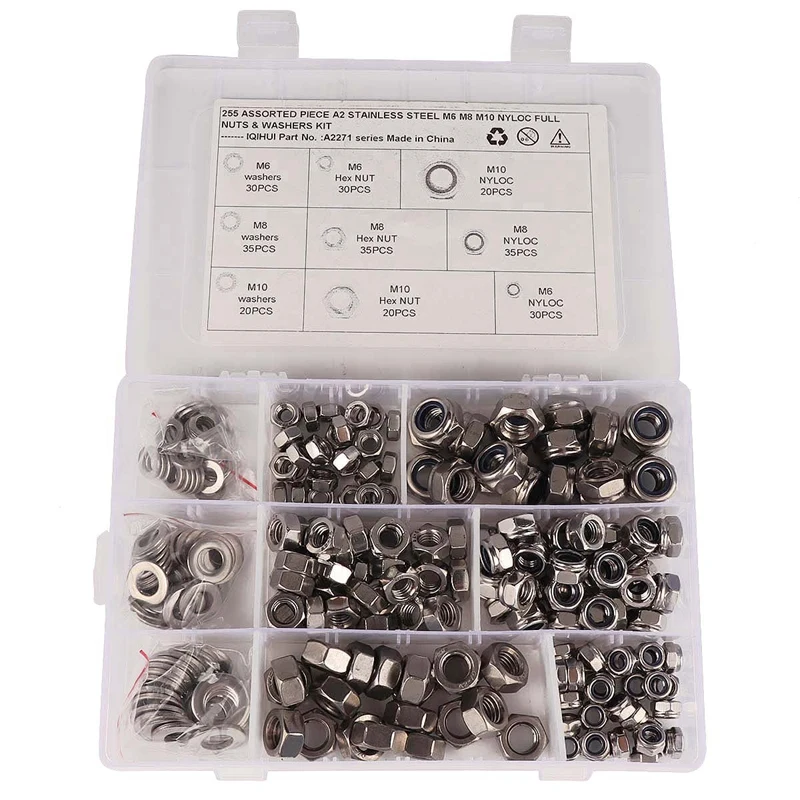 

255Pcs Stainless Steel M6 M8 M10 Locking Full Nuts Washers Kit with Box