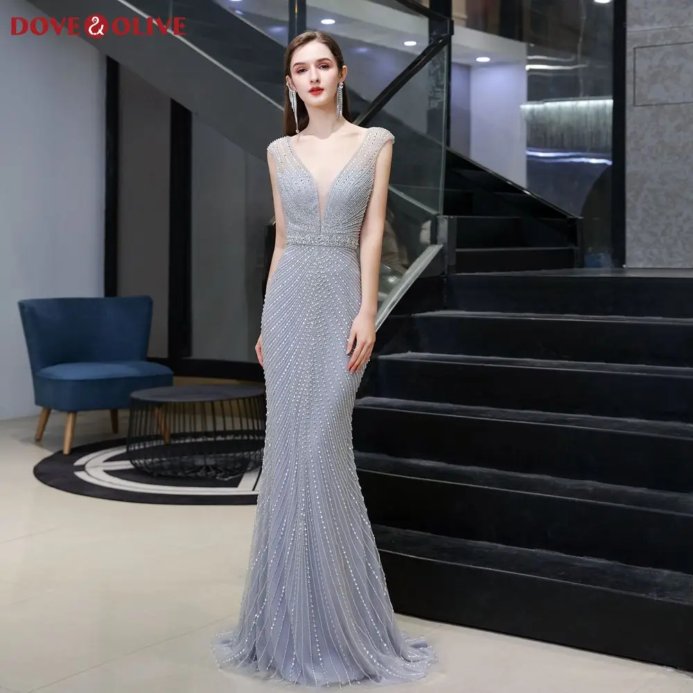 

Gray/Champagne Luxury Beading Crystal Mermaid Evening Dresses 2020 V-Neck Women Formal Party Long Prom Gowns vestido de festa