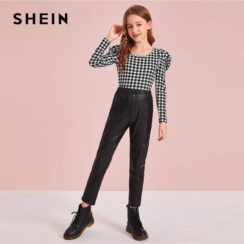 SHEIN Kiddie/Повседневная футболка в черно-белую клетку с принтом топы для подростков г. Осенние милые детские футболки с рукавами из бараньей кожи