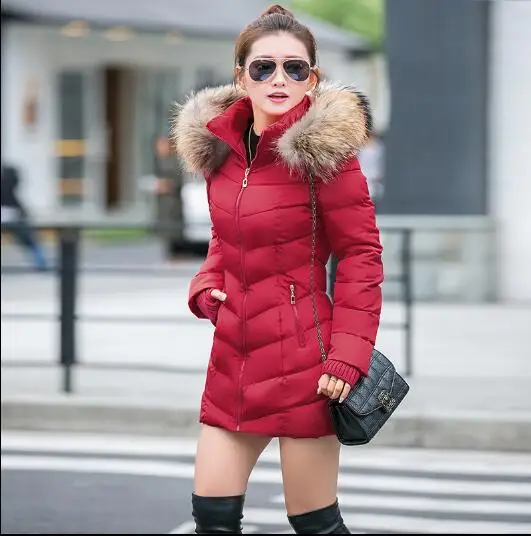 Женские зимние куртки, пуховое хлопковое пальто с капюшоном, большие размеры, парки Mujer, пальто, длинное пальто, модные женские пальто с меховым воротником - Цвет: Бургундия