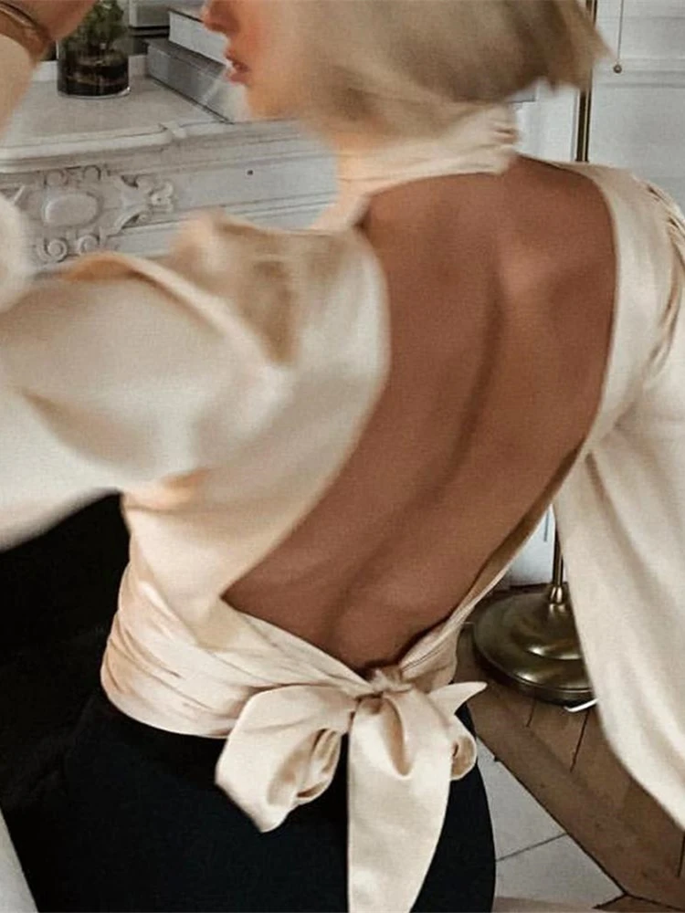 Autumn Women Elegant Fashion Basic Shirt Female Casual Party Sexy Blouse Keyhole Backless Long Lantern Sleeve Top