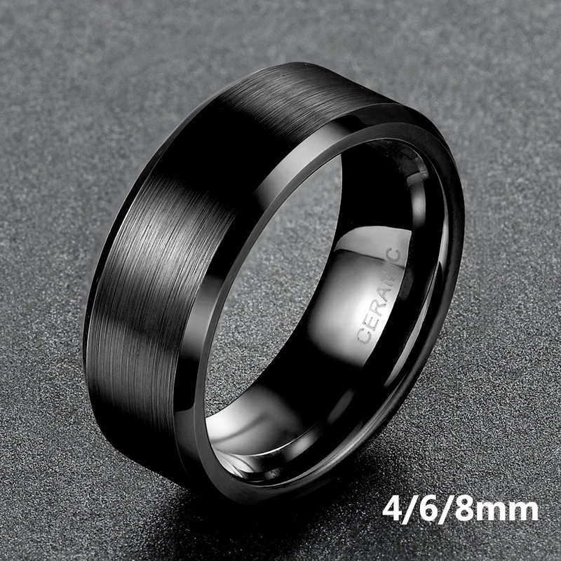 Men's 10mm Wide Black Ceramic Band Comfort Fit Ring Raised Matt Center CER063