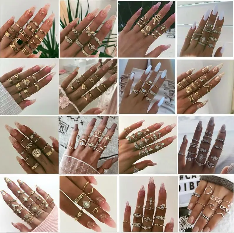

new 18 Style Rings For Women Set Water Drop Geometric Heart Crown Personality Fashionable Female Joint Gold Ring Silver Bohemia