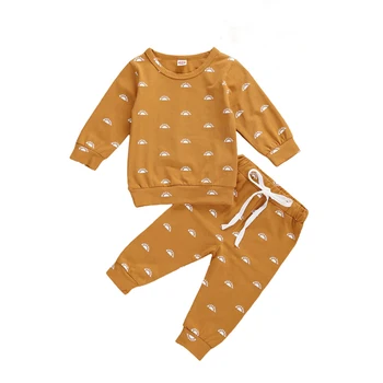 

2Pcs 0-24M Baby Fall Clothing Set Long Sleeve O-Neck Yellow Shirt Jogger Pants Sun Printed Lace-up Trousers For Baby Girl Boy
