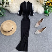 YuooMuoo женское стрейчевое облегающее платье Ins Горячая молния дизайн осеннее трикотажное платье midi зимнее модное черное платье Vestidos