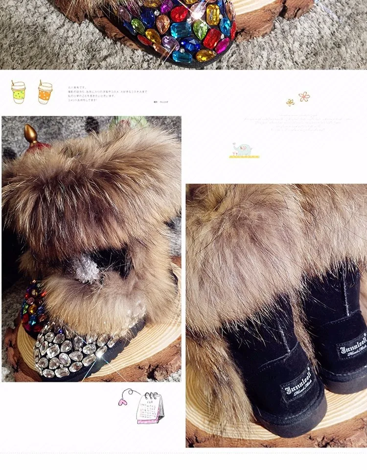 Womens Real Fox Fur Rainbow Colors Crystal Diamond Rhinestones Ankle Boots Bowknot Snow Warm Winter Flats Bling Shoes Luxury DIY