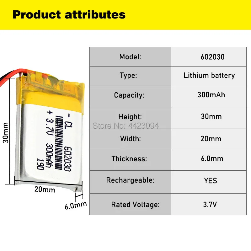 Rechargeable Lithium Batteries 602030 mini Lipo 300mAh 3.7V Bluetooth MP3 Card Audio Recorder Li-ion LWH 30*20*6mm