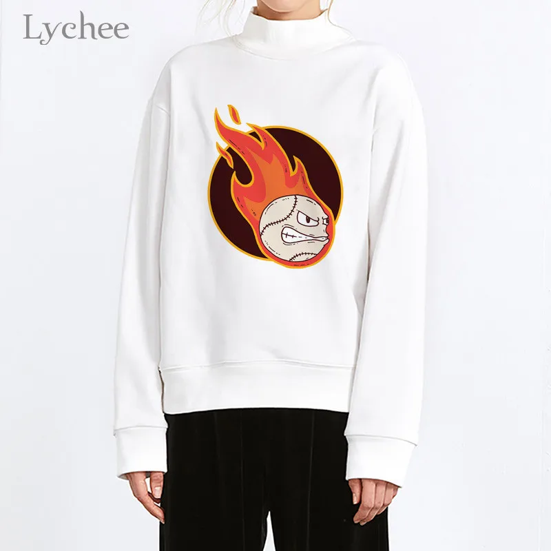 Lychee, Harajuku, мультяшный принт огня, женский свитер, свободный, вырез лодочкой, женские пуловеры, повседневные, весна-осень, дамские свитшоты, топы