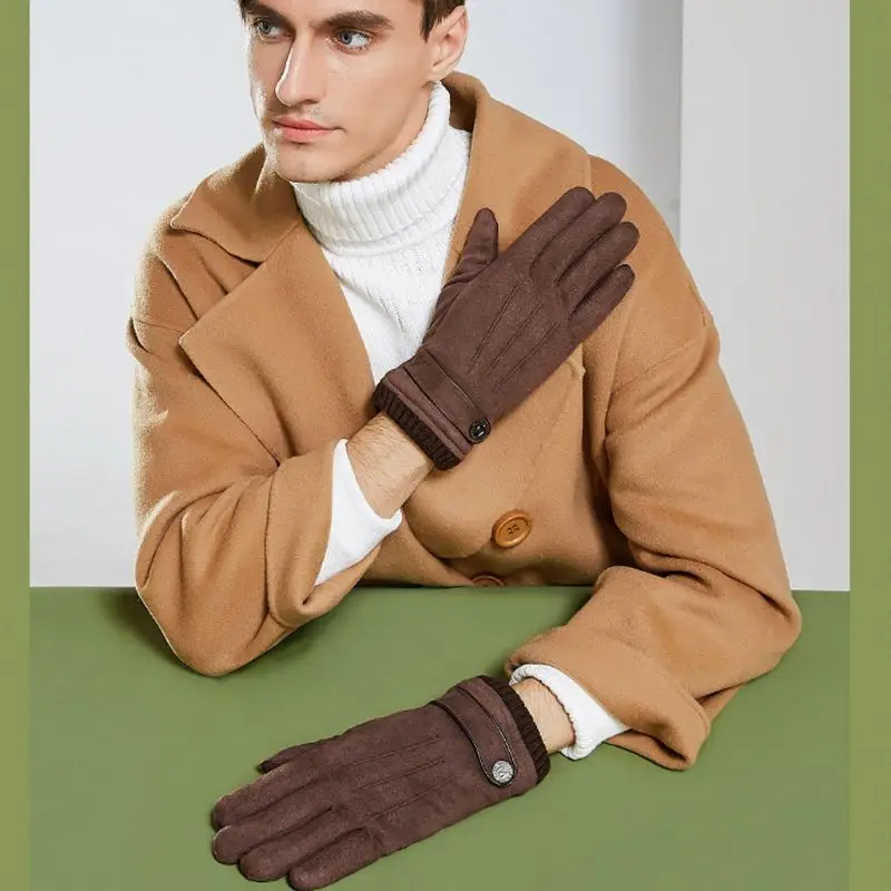 

Mens Winter Touch Screen Suede Gloves Thermal Thick Plush Lining Ribbed Cuff Warmer Cycling Driving Mittens with Button Decor