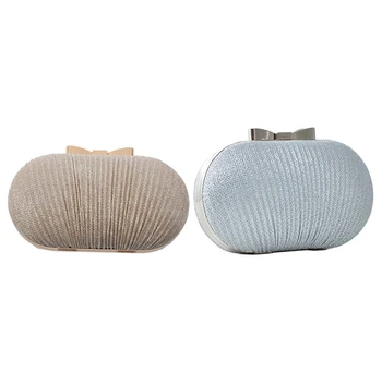 

2x Evening Clutch Bag Women Bags Wedding Shiny Handbags Bridal Metal Bow Clutches Bag Chain Shoulder Bag Gold & Silver