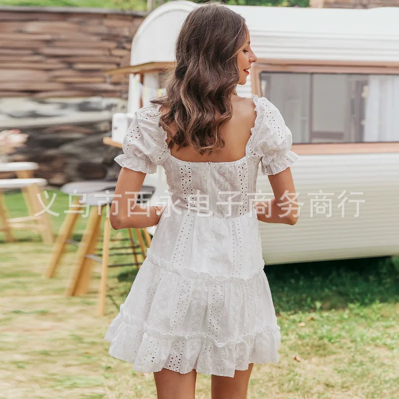 DEAT 2020 New Summer Fashion Casual Solid Color Square Collar Ruffless A- Line Sexy Backless Dress Short Women SD538