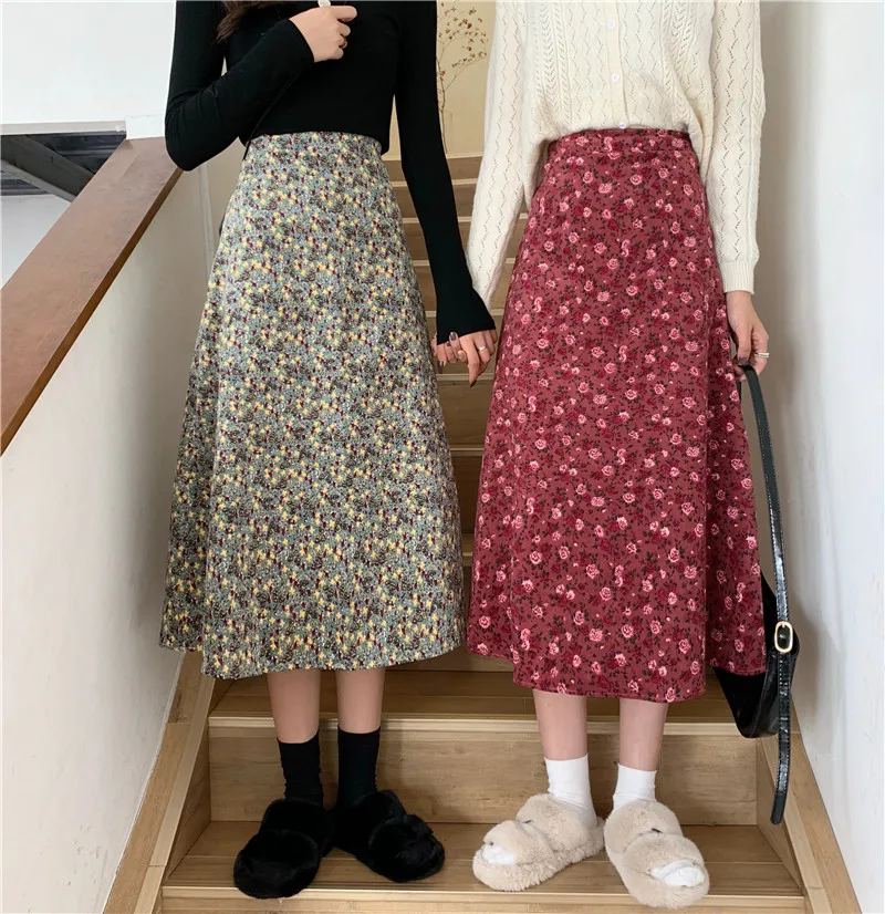 

Women Corduroy Print Skirt Fashion Ladies High Waist Vintage A-line Skirt Female