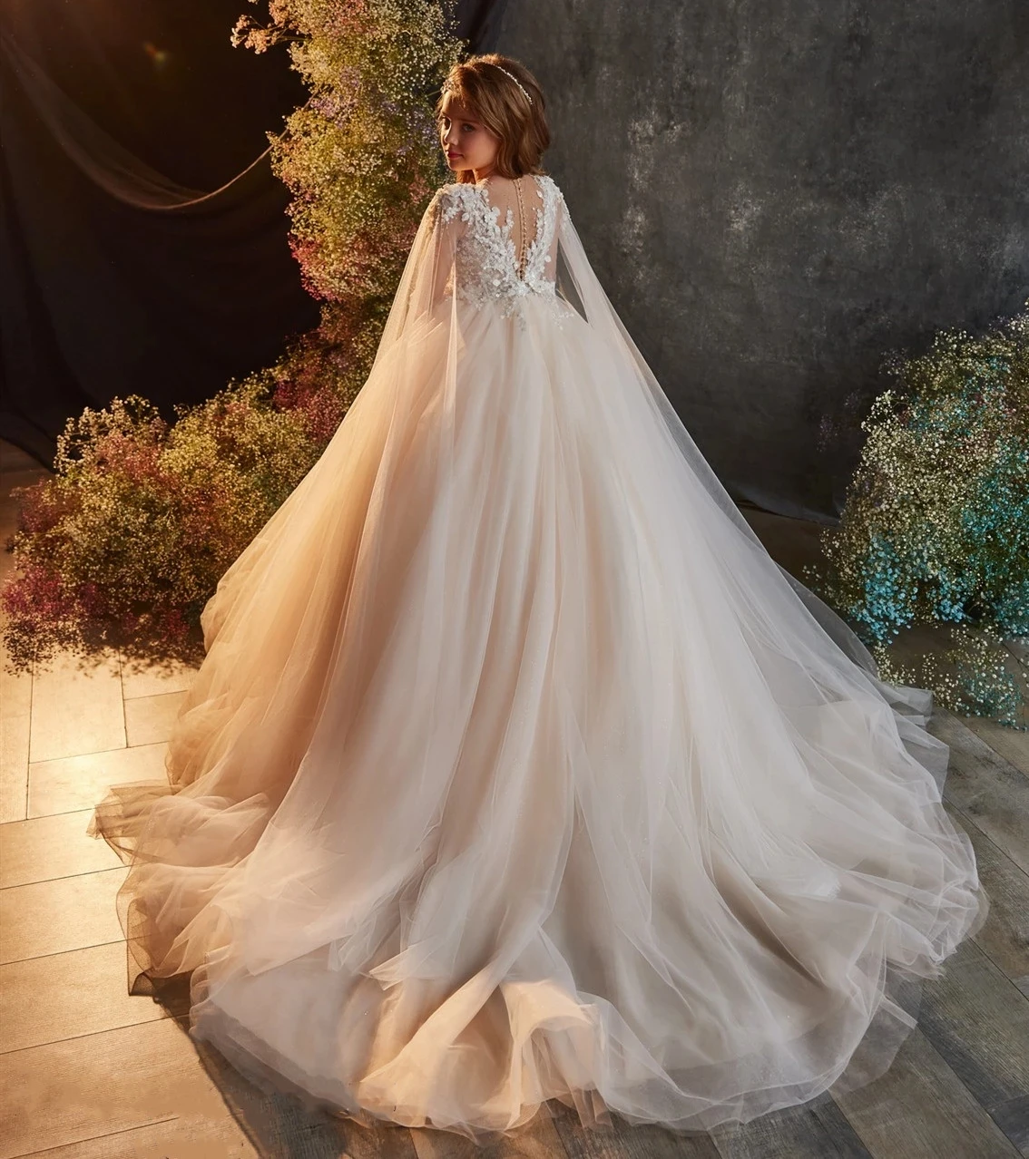 

Роскошные блестящие тюлевые платья цвета шампанского для девочек на свадьвечерние, вечеринку, Рождество, детский костюм принцессы, платье для первого причастия