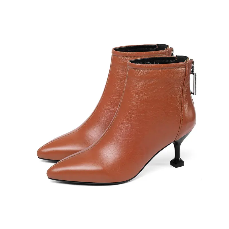 NEMAONE Women's Boots genuine leather ankle Boots poined toe High Heels Shoes Woman black brown Female Boots Large size 34-45 - Цвет: Коричневый