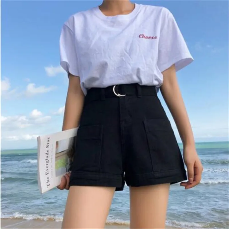 1 S-XL, 3 цвета,, летние шорты с высокой талией в Корейском стиле, женские джинсовые шорты черного цвета, женские повседневные шорты трапециевидной формы(Z6282 - Цвет: 1