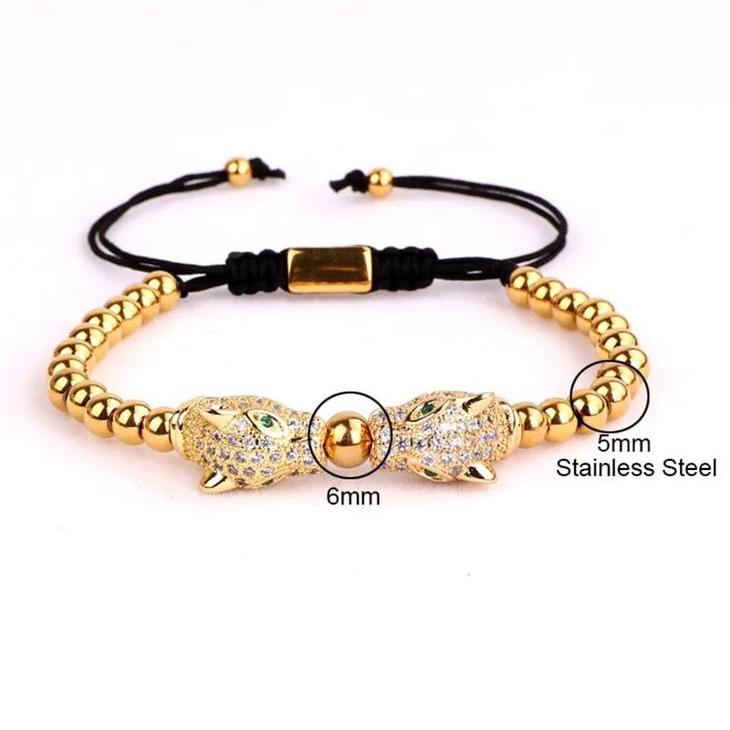 High Quality CZ Micro Pave Leopard Charm Stainless Steel Beads Adjustable Bracelet Men Women - Image 2