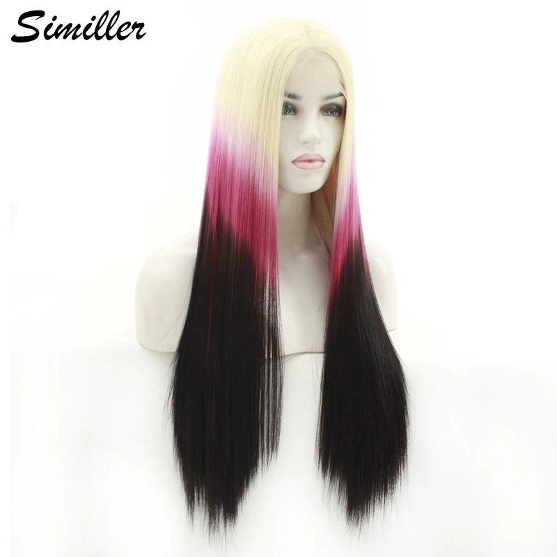 

Similler Long Straight High Temperature Fiber Synthetic Lace Front Wigs Middle Part Blonde Pink Black Ombre Wigs
