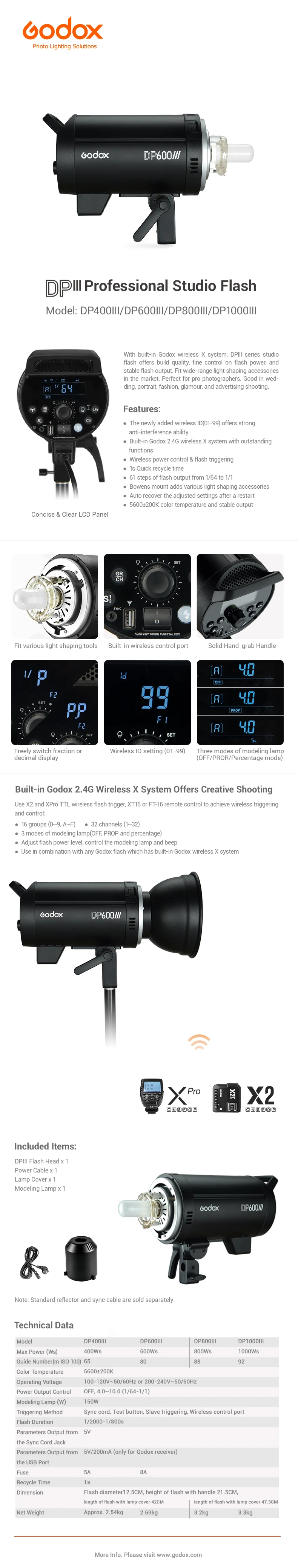 Godox DP600III 600W GN80 2,4G встроенный студийный стробоскопический светильник для фотосъемки, светильник для вспышки