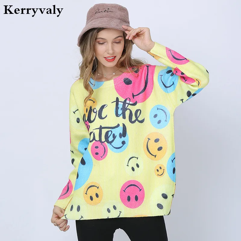 

Autumn Knitwear Smiley Printed Long Sleeve Loose-Fit Sweater Women Sueter Mujer Invierno 2020 Tops Christmas Sweater D19107