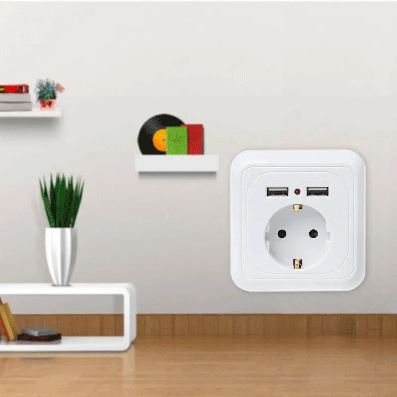 

Wall Socket Power Outlet With Dual USB Ports LED Light White Panel EU Plug