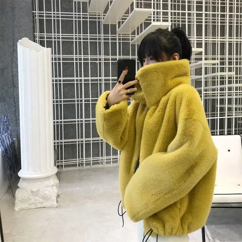 Повседневное утолщенное пальто из искусственного меха для женщин из искусственного кроличьего меха однотонная куртка с отложным воротником пальто большого размера - Цвет: Цвет: желтый