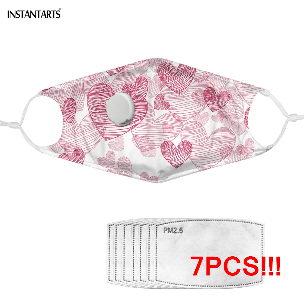 

INSTANTARTS Pink Heart Cute Design Mouth Mask Breath Valve Dust Proof Reusable Face Masks Respirator Muffle with Filter Masque
