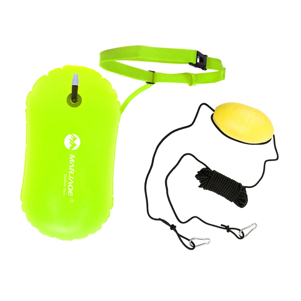 Fluo Yellow Swim Bubble Safety Buoy Float with Orange Kayak Anchor Throw Tow Rope Line Water Swim Buoy