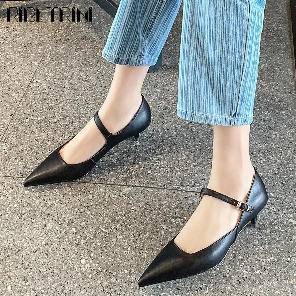 

RIBETRINI 33-40 Brand New Ladies Fashion Pointed Toe Thin Heels Shoes Woman Mary Janes Genuine Leather Pumps Women Ol Pumps