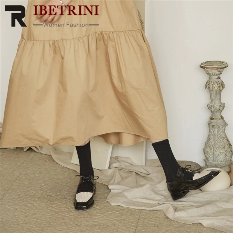 

RIBETRINI Retro Female Spring Shoes Woman Lace Up Square Toe Low Heels Flats Women 2020 Mixed Colors Fashion Flats