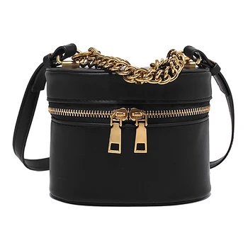 

FGGS-Pure Color Leather Bucket Bag Large Capacity Ladies Fashion Zipper Retro Bucket Bag Retro Messenger Bag