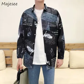 

Shirts Men Autumn Printing Long Sleeve Shirt Loose Mens Korean Style Single Breasted All Match New Fashion Clothes Daily Chic