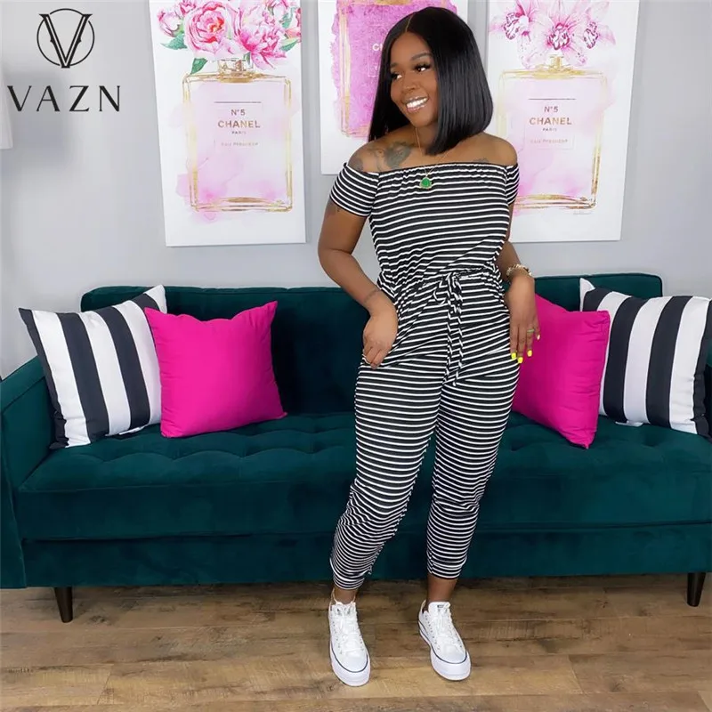 VAZN 2021 Spring Nature Striped Classic Young Daily Sweet Simple Slash Neck Short Sleeve Women Long Pencil Jumpsuits |