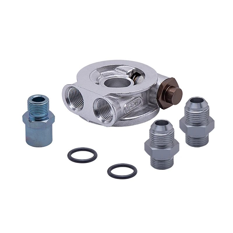 Oil Cooler Filter Sandwich Plate Silver Thermostat Adapter 3/4" 16UNF w/ AN8 Car & Truck