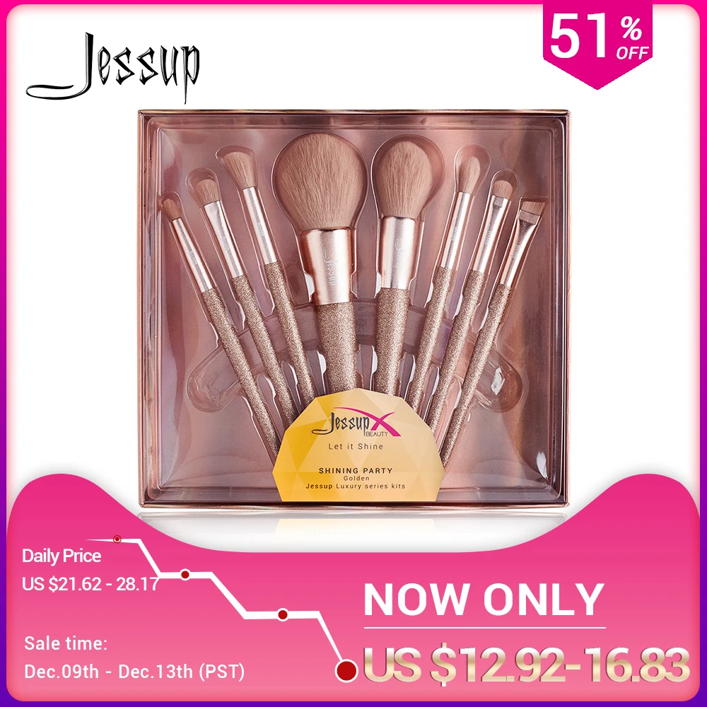 Online Jessup New Shining Party Golden brush makeup brush Powder Blusher Eyeshadow Foundation brush Synthetic hair Gift box