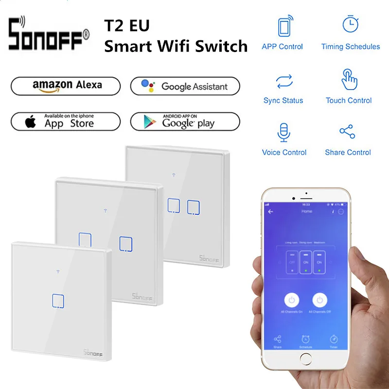 Интеллектуальный выключатель света Sonoff T1/2 SmartWifi настенный сенсорный светильник сенсорный выключатель 1/2/3 Gang Touch/WiFi/приложение пульт Умный домашний контроллер работы с Alexa Google Home