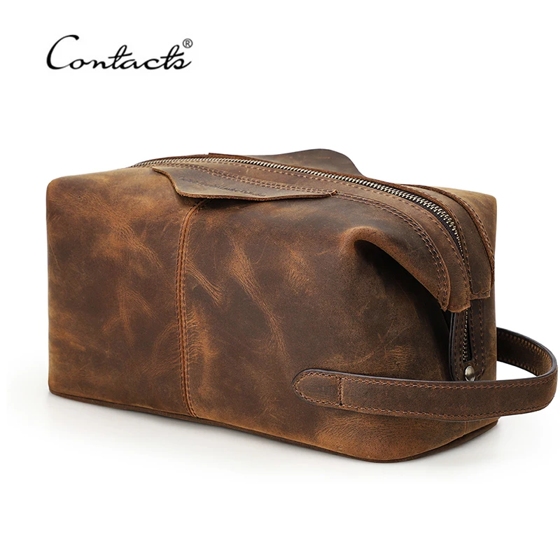 CONTACT'S Männer Hängen Kosmetik Tasche Crazy Horse Leder Reise Make-Up Fall Zipper Organizer Lagerung Pouch Vintage Kulturbeutel