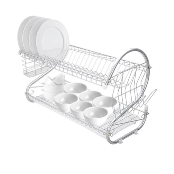 

Multifunctional S-shaped Dual Layers Bowls & Dishes & Chopsticks & Spoons Collection Shelf Kitchen Dish Drainer with Water Tray