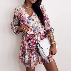 Vestido de gasa con cuello en V y estampado de flores para mujer, ropa informal de manga larga, corta, estilo bohemio, para fiesta, Primavera, 2021