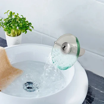 

Honhill Glass Bathroom Basin Sink Faucet Chrome Waterfall Basin Sink Faucet Single Lever Deck Mounted Round Mixer Tap