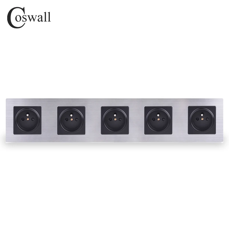 COSWALL Нержавеющая сталь Панель 5 комплекта настенных розеток 16A французская стандартная розетка серебристый, черный Цвет с безопасной для детей Защита для двери