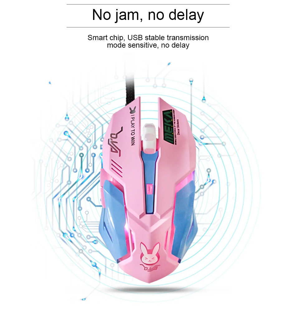 OW DVA Pink Game Office Mouse Girls Light-emitting Competition Chicken Cute Wired Mouse for PC Laptop CF Overwatch