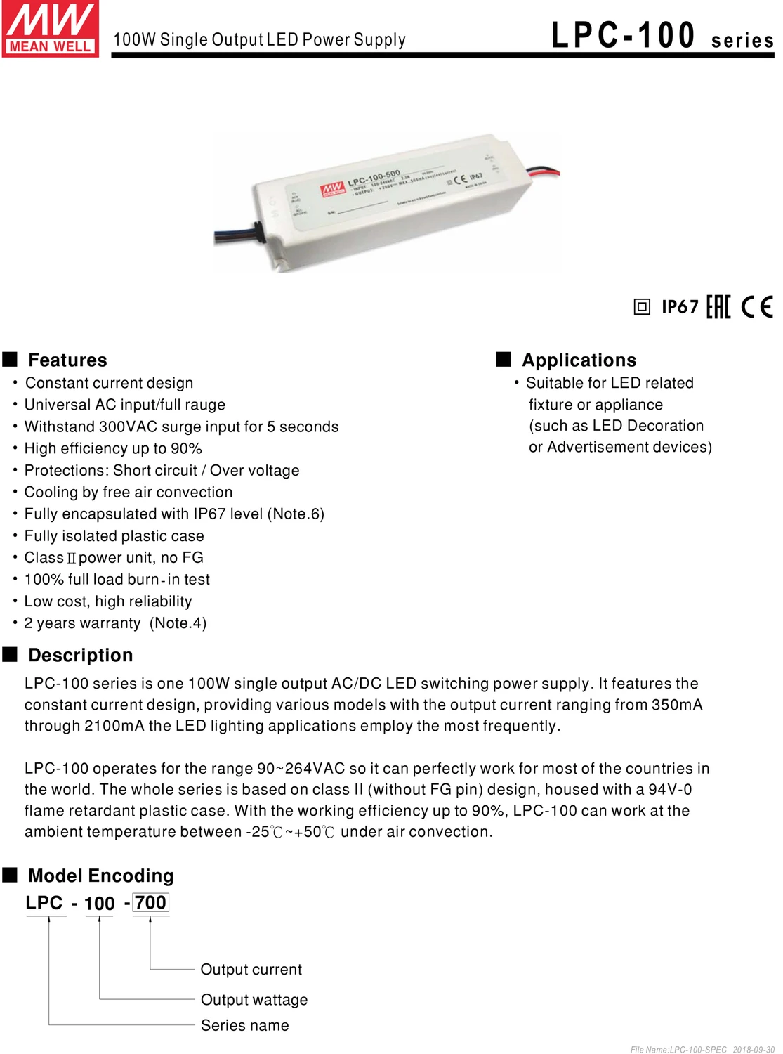 Тайвань MEANWELL LPC-100-700 143V 700mA светодиодный внешний драйвер 100,1 W 750mA один Выход лампа Питание освещение Трансформатор