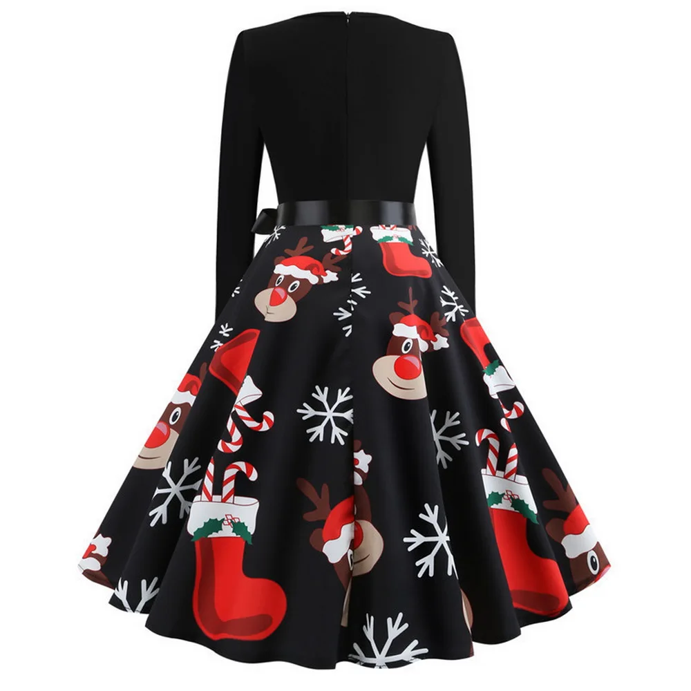 Loozykit, женское рождественское платье, женское винтажное платье с принтом Санты, плиссированное платье с длинным рукавом, женское вечернее платье с галстуком-бабочкой