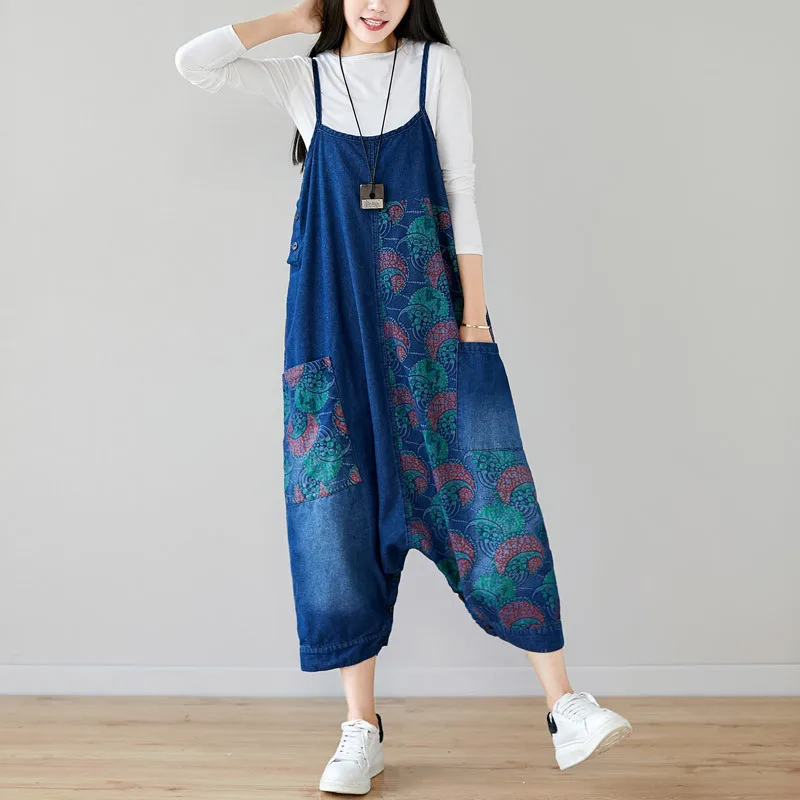 

Women Retro Loose Printed Patchwork Jumpsuit Ladies Irregular Vintage Bleached Denim Trousers Female 2019 Overalls Rompers