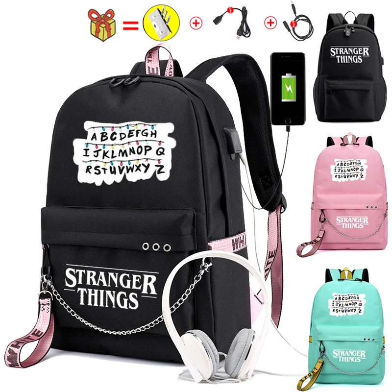 Female backpack Stranger Things Canvas Backpack Canvas Student Schoolbag  Women Letters Print Girls Ribbons USB Charge Backpack|Backpacks| -  AliExpress