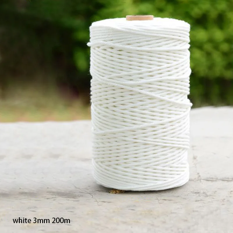 white 3mm 200m 1 Roll Natural Cotton 1mm Diameter Handmade DIY Tying Thread Rope Twisted Cord Beige Soft Cottons Artisan String Craft Macrame - Цвет: white 3mm 200m